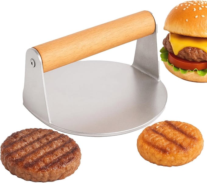 RVS Burgerpers met Houten Handgreep - Perfect voor Grillen en Vleesbereiding