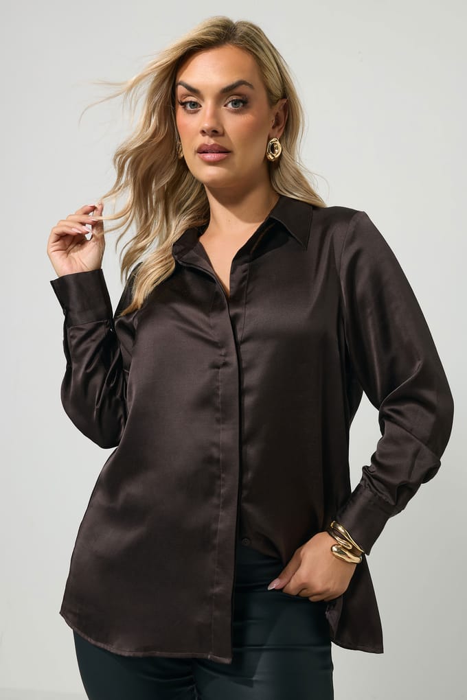 Yours London Curve Chocoladebruine Satijnen Blouse Size 52