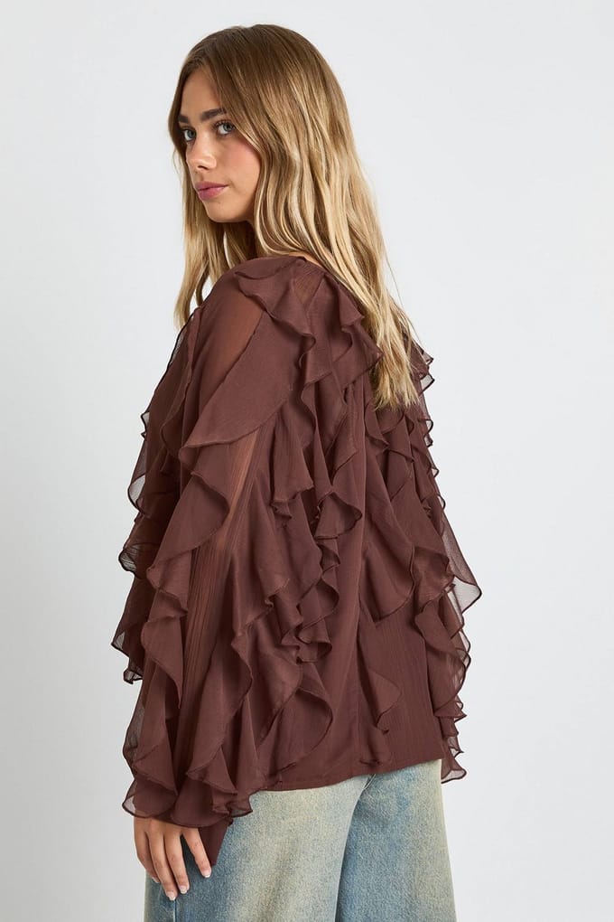 boohoo Dames Chiffon blouse met ruches | Chocolate | Maat: 6