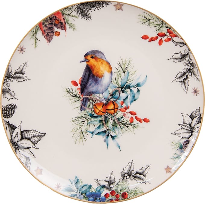 Clayre & Eef Ontbijtbord Ø 20 cm Wit Porselein Vogel