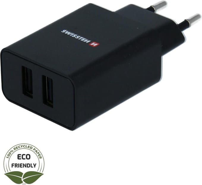 Swissten USB Oplader met 2 USB Poorten 2.1A - Zwart - Duurzame verpakking