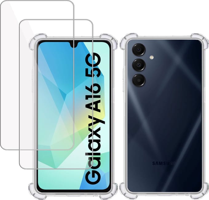 Hoesje + 2x Screenprotector geschikt voor Samsung Galaxy A16 5G – Tempered Glass - Extreme Shock Case Transparant