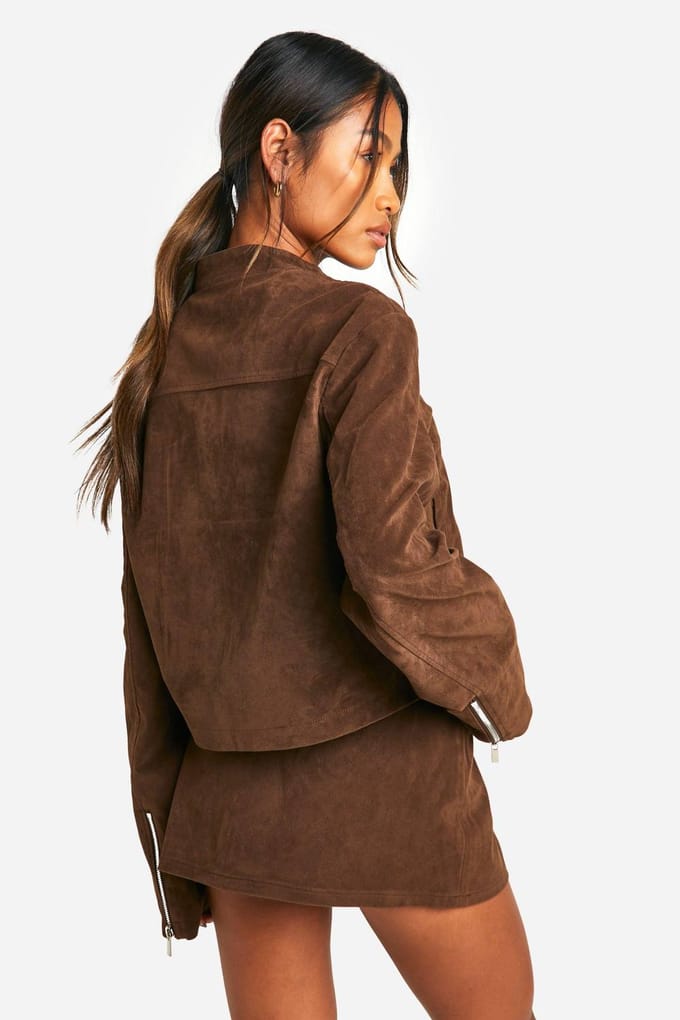 boohoo Dames Vintage Suede Look Jas met Ritssluiting | Chocolate | Maat: 8