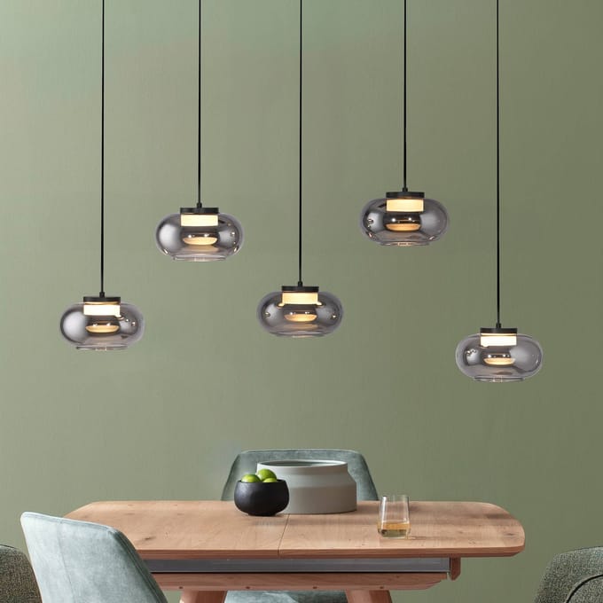 SCHÖNER WOHNEN LED hanglamp Sia, 5-lamps, rookgrijs, 3.000 K