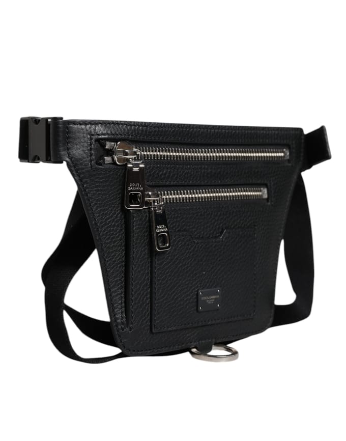 Zwart Kalfsleren Logo Plaquette Riem Taille Mannen Heuptas Tas