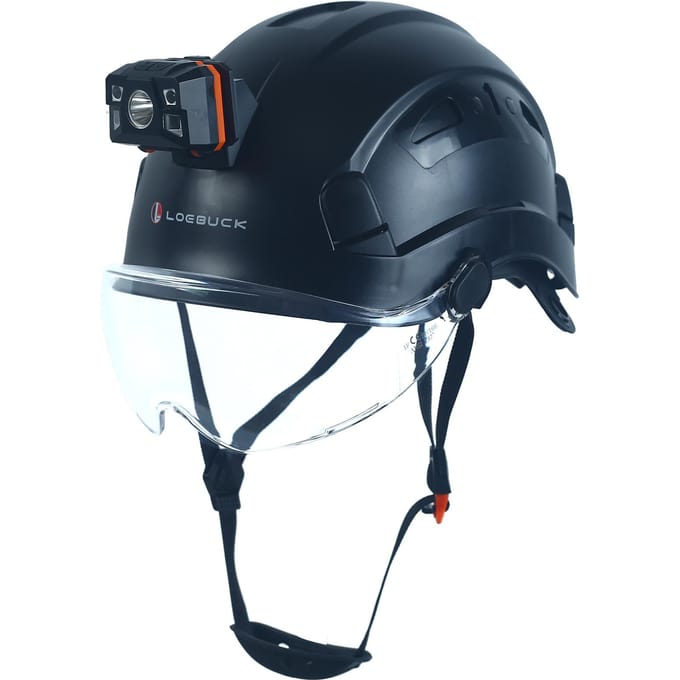 Casque de sécurité LOEBUCK avec lunettes et phare LED, Casque de protection industriel pour travaux de construction 53-64cm black