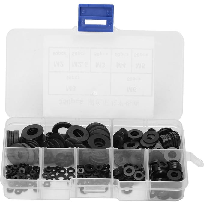 Set van 350 zwarte nylon plastic platte pakkingringen M2M2.5M3M4M5M6M8