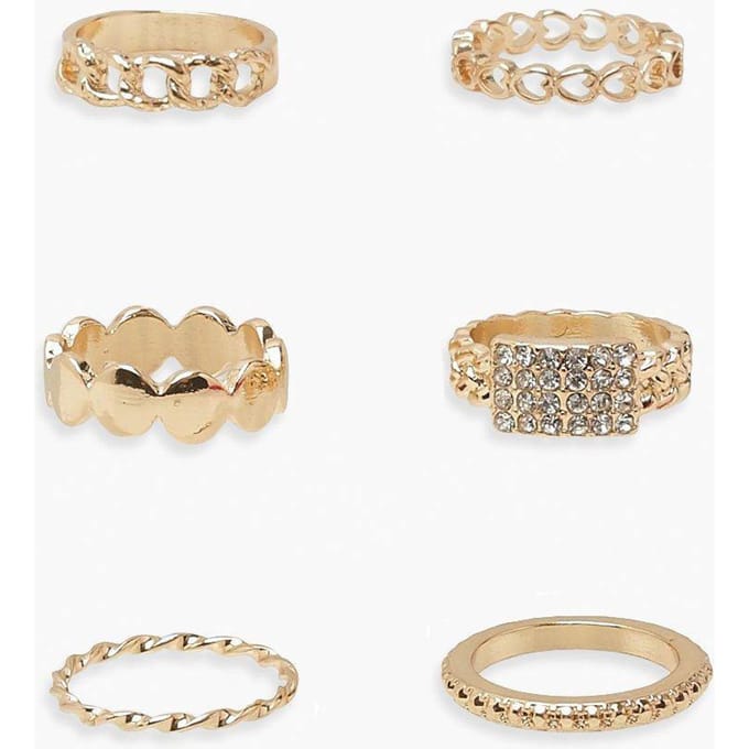 boohoo Dames Gouden Assortiment Diamante 6 Pack Ring Set