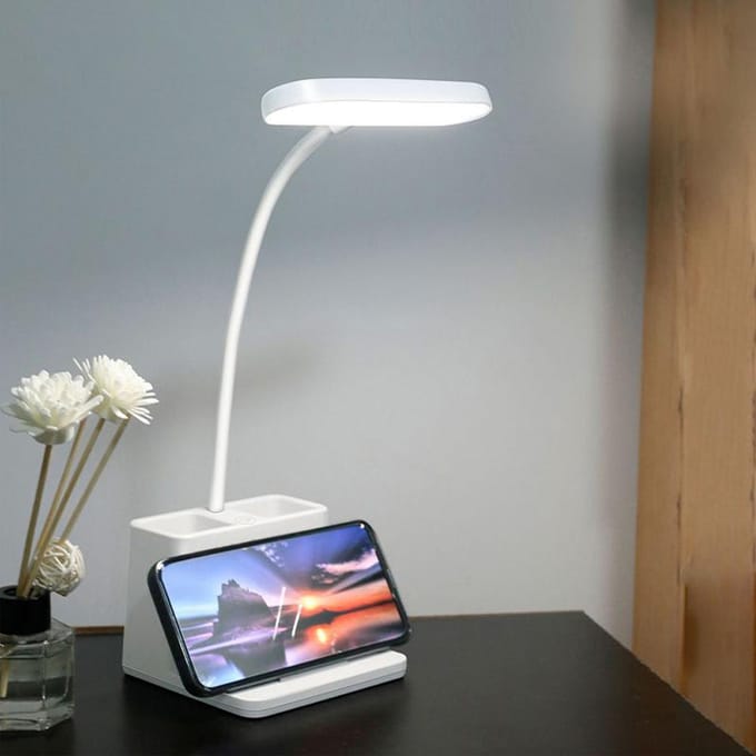 Bureaulamp met Pennenhouder Verstelbare Zwanenhals Leeslamp met 3 Lichtstanden Oplaadbare LED wit