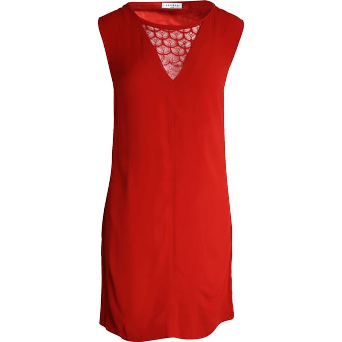 Sandro Paris mouwloze jurk met V-hals en kanten details in rode cupro