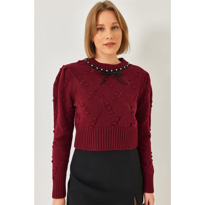Geweven Geborduurde Crewneck Aansluitende Crop Sweater