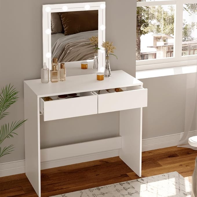 Kaptafel met LED-verlichting en Spiegel - 2 Lades - Wit - 80x132.5 cm
