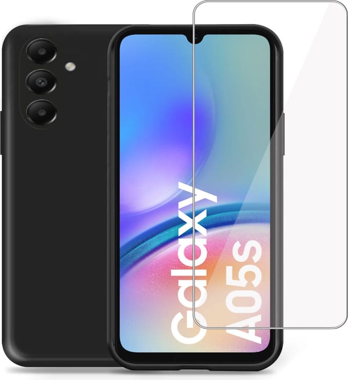Hoesje + Screenprotector geschikt voor Samsung Galaxy A15 – Tempered Glass - Liquid Back Case Cover Zwart