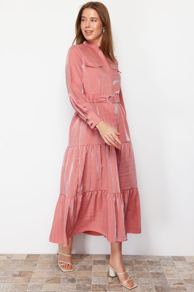Damesjurken in roze effen kleuren, lang, elegant, normale pasvorm, bescheiden mode