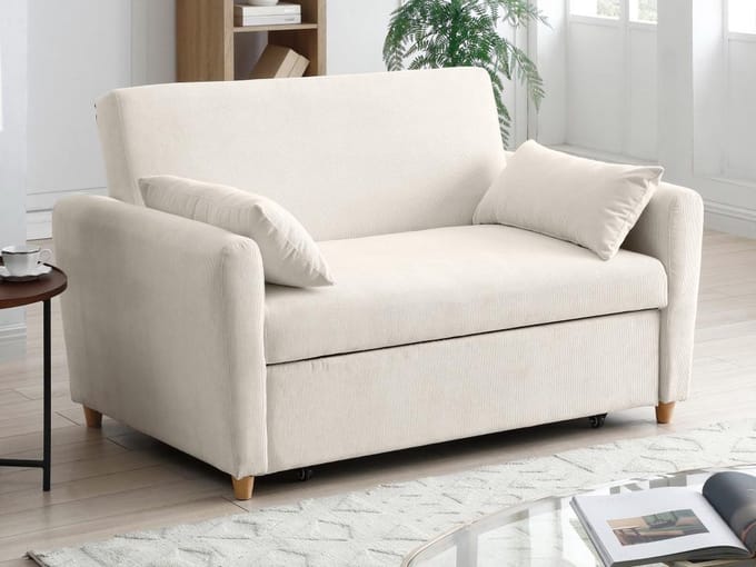 Vente-unique Tweezitsslaapbank van beige ribfluweel AYLA