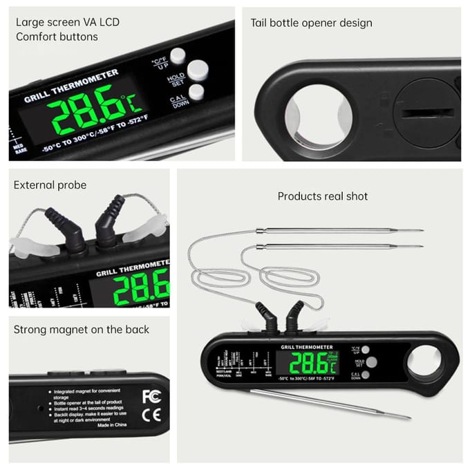 Digitale vleesthermometer voor koken Batterijaangedreven dubbele sondes 2-3s Direct afleesbare vleesthermometer zwart