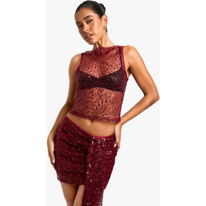 boohoo Dames Sequin Sheer Racer Vest | Malbec | Maat: 14
