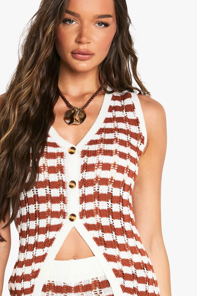boohoo Dames Strepen Haak Gebreide Vest | Rust | Maat: Medium