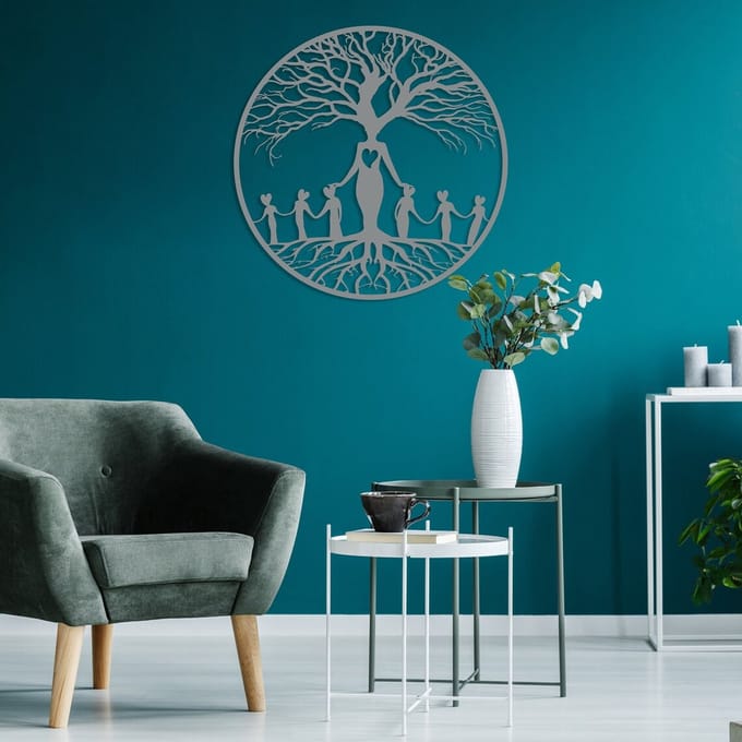 Metalen Wanddecoratie Stamboom – 3D Wandkunst – Zilver – 80 cm