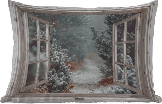 Buitenkussens - Bos - Winter - Bomen - Natuur - Pad - Doorkijk - Wit - 60x40 cm - Weerbestendig