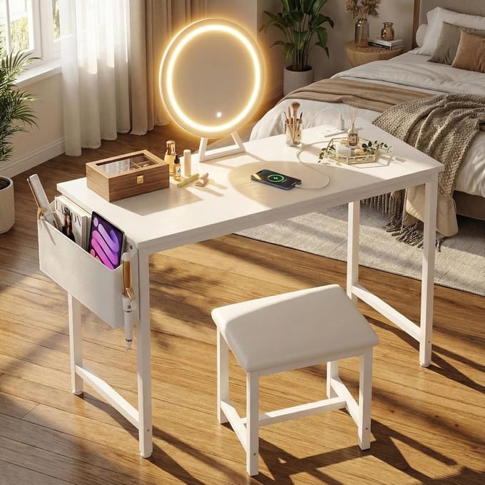 Kaptafel met Spiegel - Make-up bureau - Dagelijkse routine - Geïntegreerd stopcontact - 40 inch breed - Wit