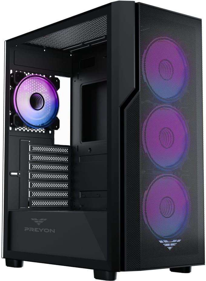 PREYON Nest Aero ARGB - Gaming Behuizing Mesh - USB-C - 4 PWM Fans - Gehard Glas - E-ATX Case - Zwart