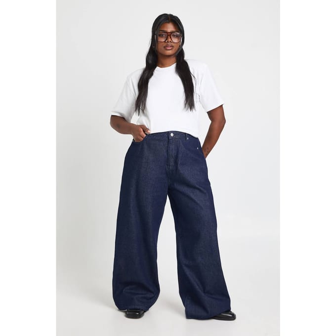 boohoo Dames Plus Hoge Taille Wijde Pijpen Jeans | Indigo | Maat: 16