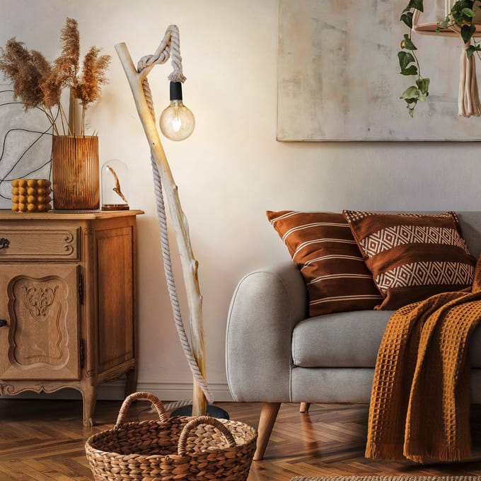 Globo Vloerlamp Nerida, lichtbruin, hout/hennep, hoogte 150 cm