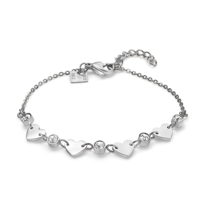 Twice As Nice Armband in edelstaal, 4 hartjes, 5 kristallen 16cm
