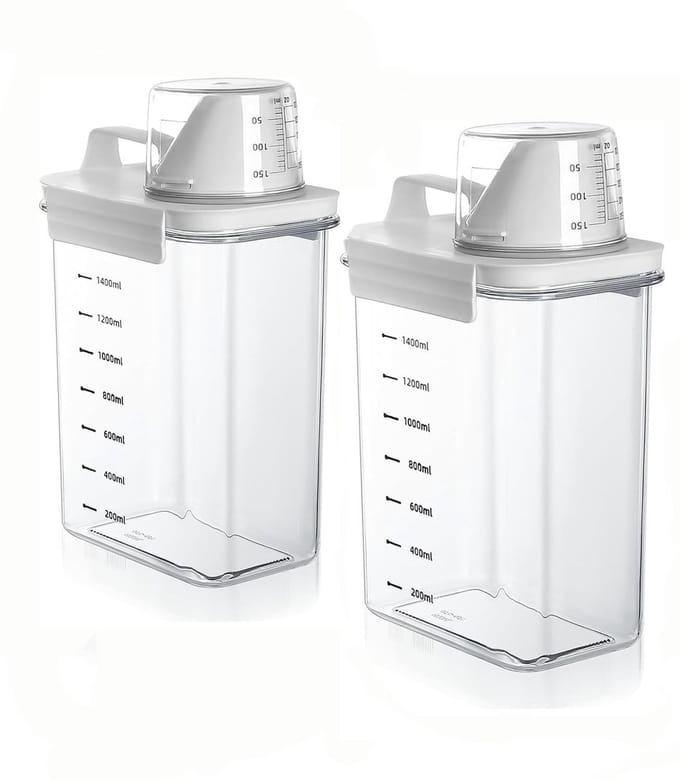 Dailygoods- Waspoederbox 1800 ml - Wasmiddel Bewaarbox - Waspoeder Opbergdoos - Transparant - 2 Stuks - Met Maatbeker - Wasmiddelcontainer