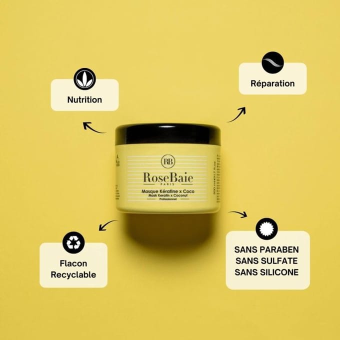 Masque - ROSEBAIE - Kératine x Coco - 500 ml - Sans sulfates - Sans parabens