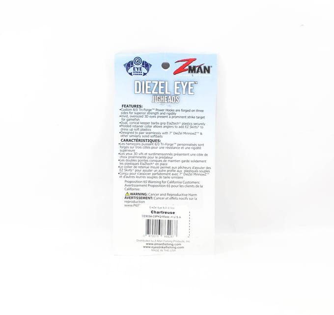 Zman Jighead Diezel Eye 3/4 oz 8/0 2/pack Chart (4267)