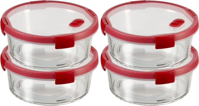 Curver Smart Cook Vershouddoos - Glas met deksel - Rond - Set van 4 x 1,2L - Rood/Transparant
