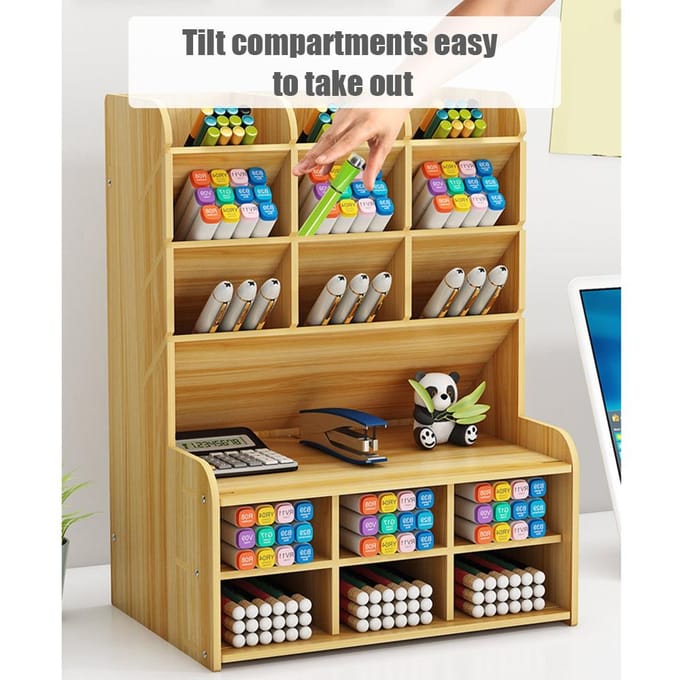 Houten Bureau Organizer Multifunctionele Bureau Penhouder Opbergdoos Bureau Stationaire Opbergruimte bruin