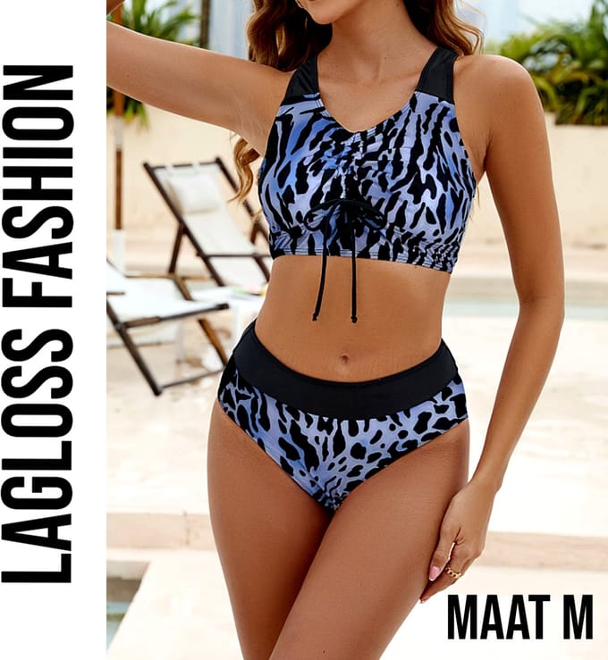 LaGloss® Bikini Set Blauwe Luipaardprint – 2-Delige Damesbadmode met Hoog Elastisch Comfort – Maat M