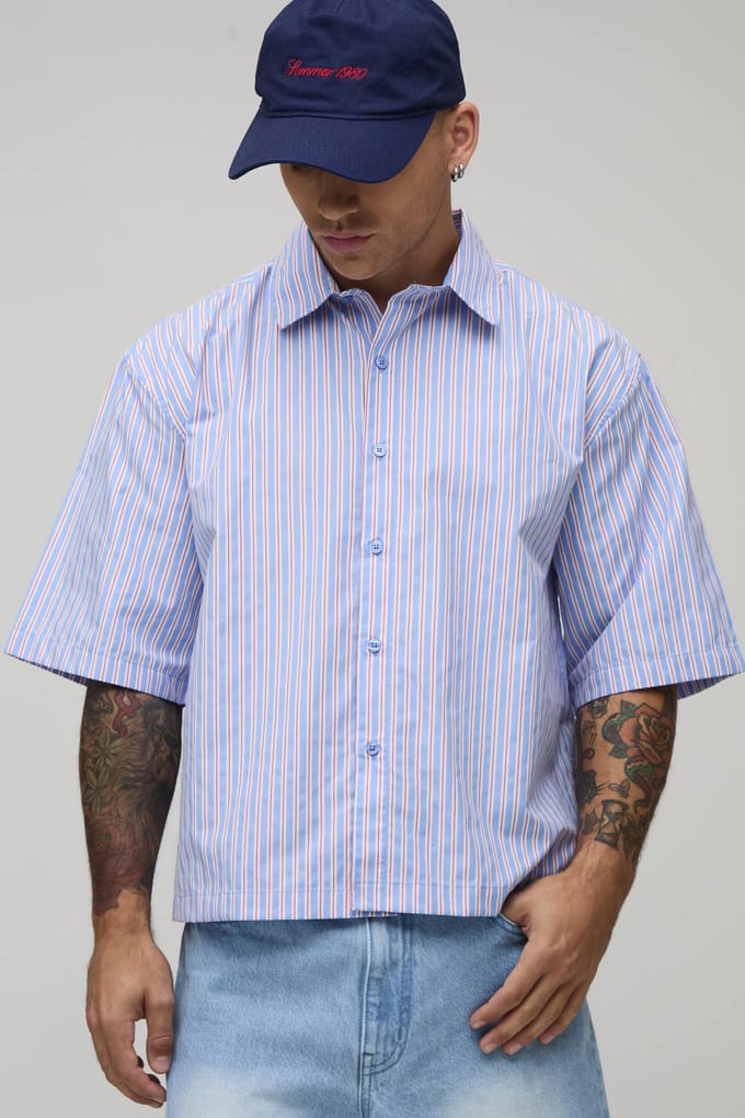 Oversized Boxy Shirt Met Halve Mouwen En Meerdere Strepen | Blue | Size Large