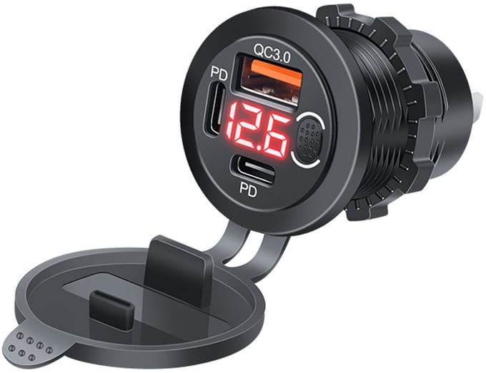 THAR USB-C Auto Oplader 45W – Snellader met Voltmeter - Rood
