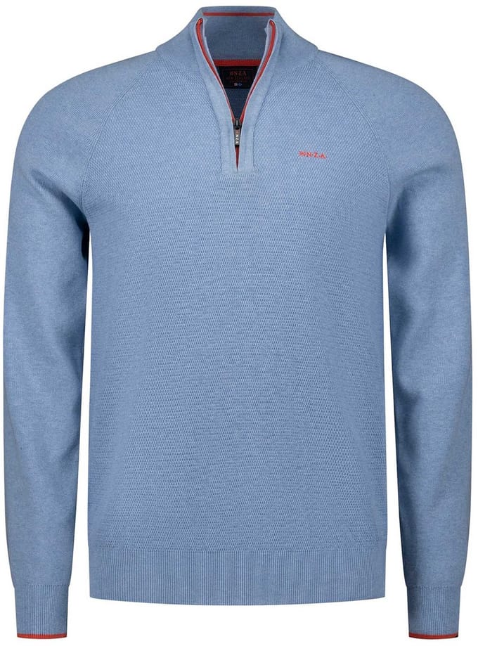 Trui New Zealand lichtblauw half zip gemeleerd normale fit