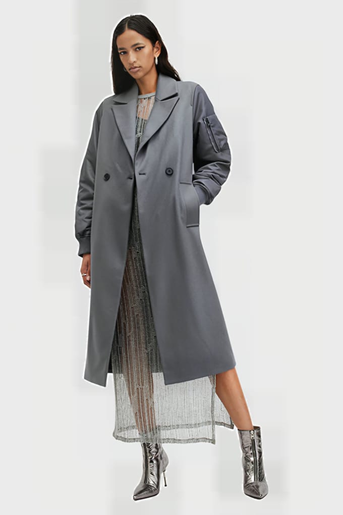 AllSaints Paulah Coat Eiffel Grey Taglia: 12 | Cappotti doppiopetto Outlet | Donna | Grigio