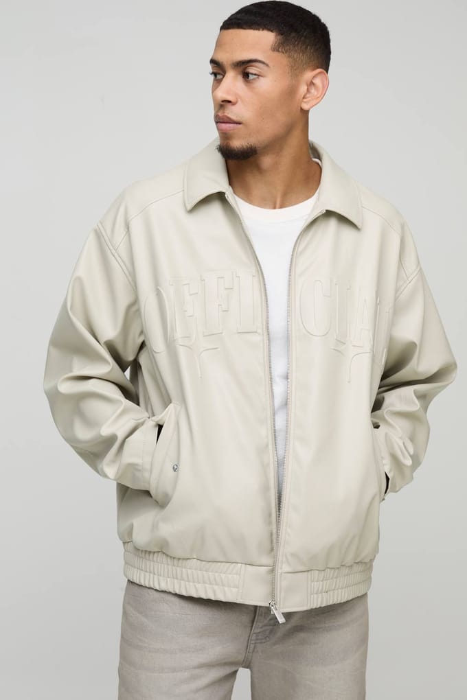Official Oversized PU Embossed Collard Bomber Jacket | Ecru | Size Large