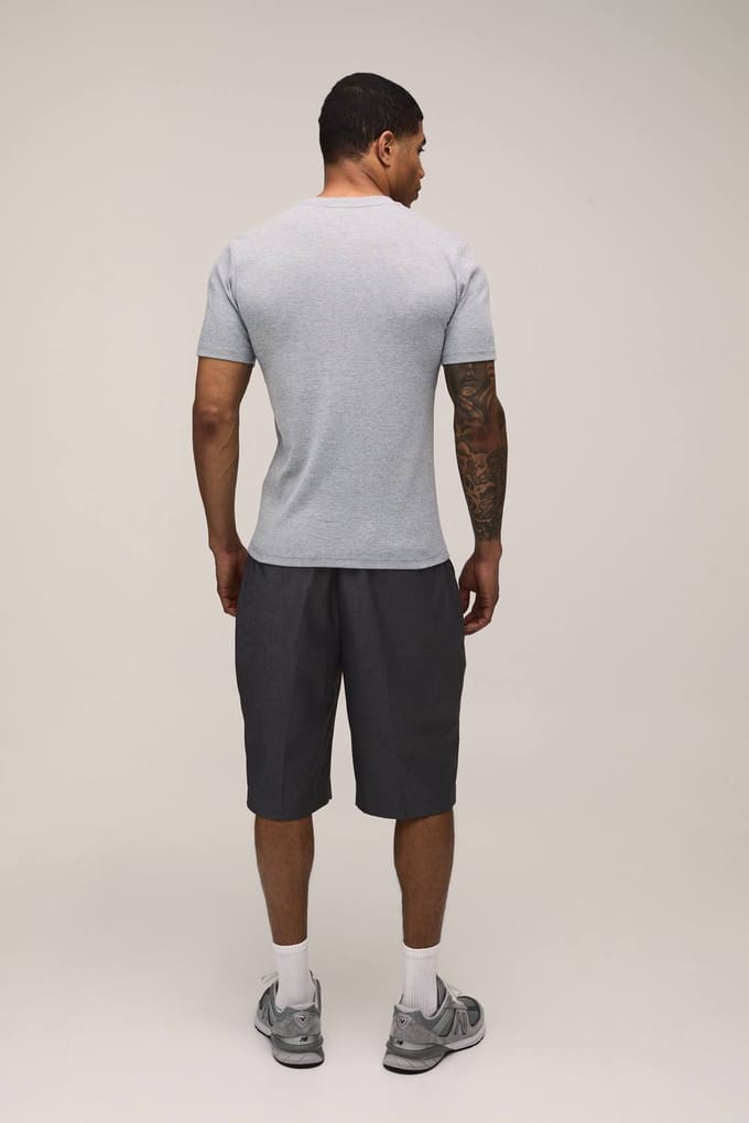 Muscle Fit Geribbeld Henley Hals Korte Mouw T-Shirt | Grey Marl | Size Medium