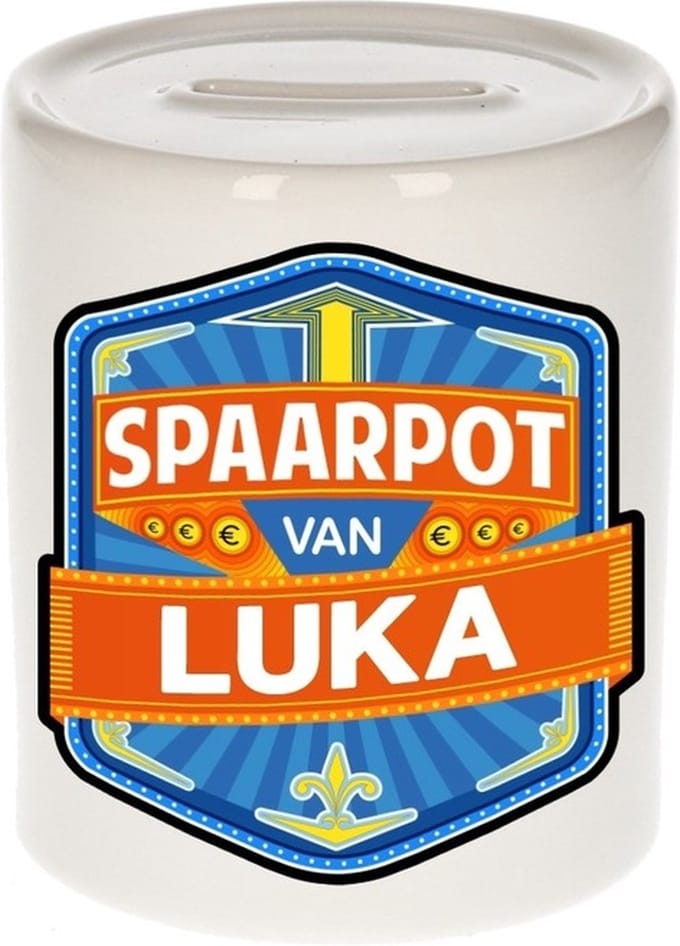 Bellatio Decorations Kinder spaarpot met naam - Luka - keramiek - met dop - wit - Sparen - Spaargeld van Luka