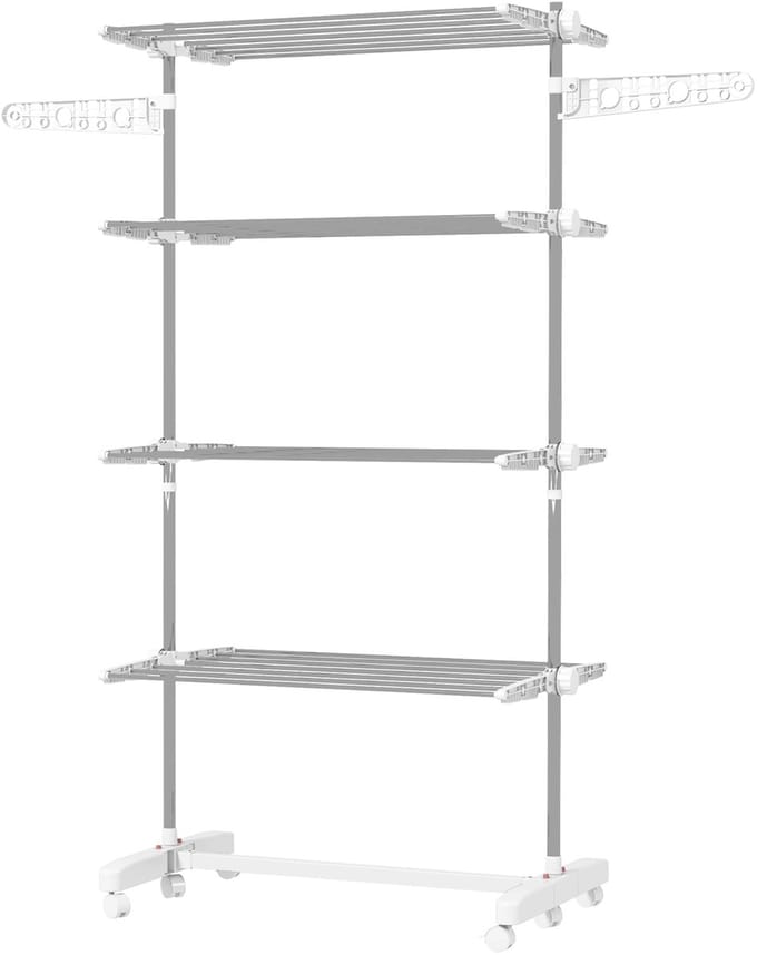 Opvouwbaar Wasrek - 142x55x172 cm - 4 Lagen + Rollen + Vergrendeling - Ruimtebesparend - ABS - Wit