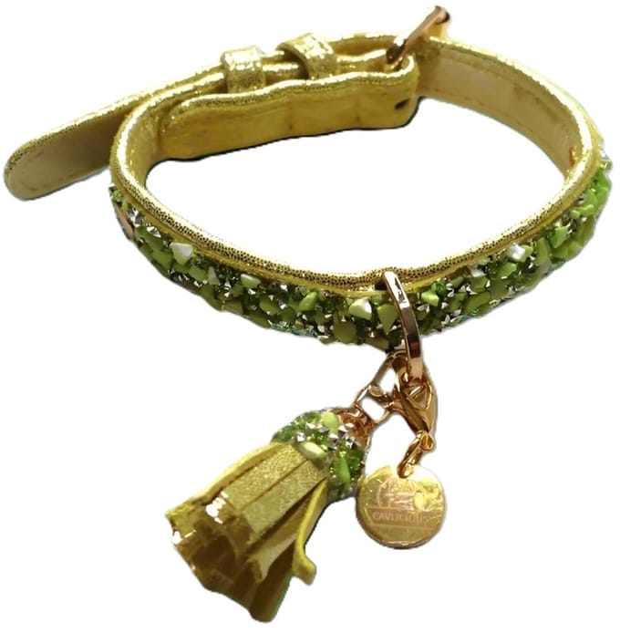 Cavlicious® honden halsband leer met strass steentjes - goud/groen - L