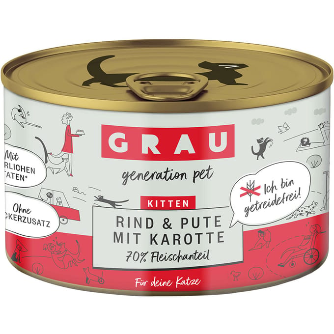 6x200g Kitten Rund/Kalkoen/Wortel Bliksmulpotjes Grau Kattenvoer