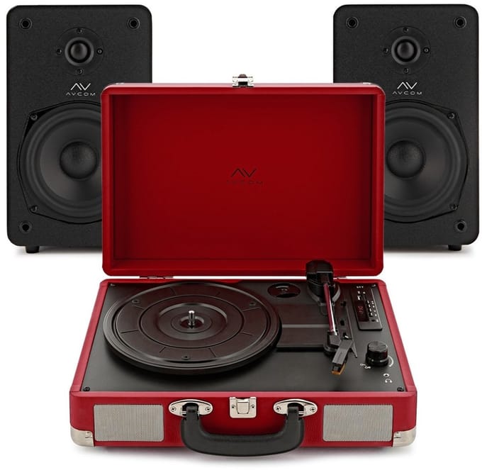 AVCOM Suitcase Turntable with Active Speakers, Red & Black