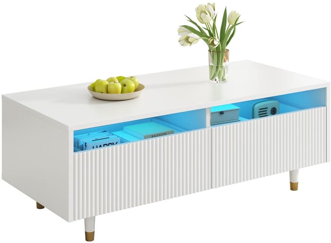Salontafel - Met LED - Golvend Ladefront Met 2 Lades En Kleurwisselende Lichtstrip - MDF - Wit