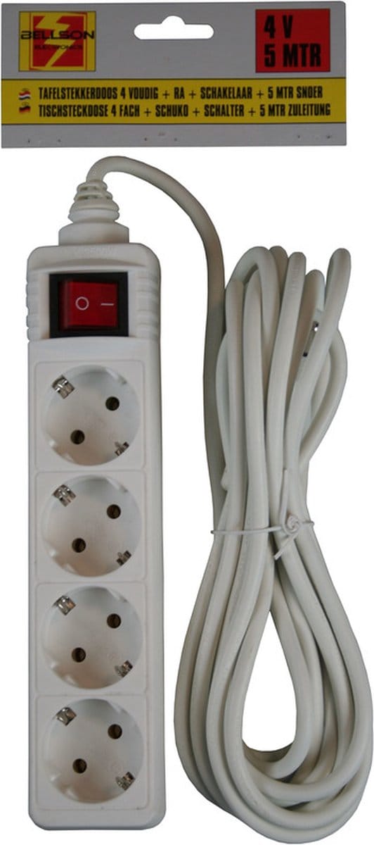 Benson stekkerdoos - 2x - 4-voudig - wit - 5 meter - randaarde - met schakelaar