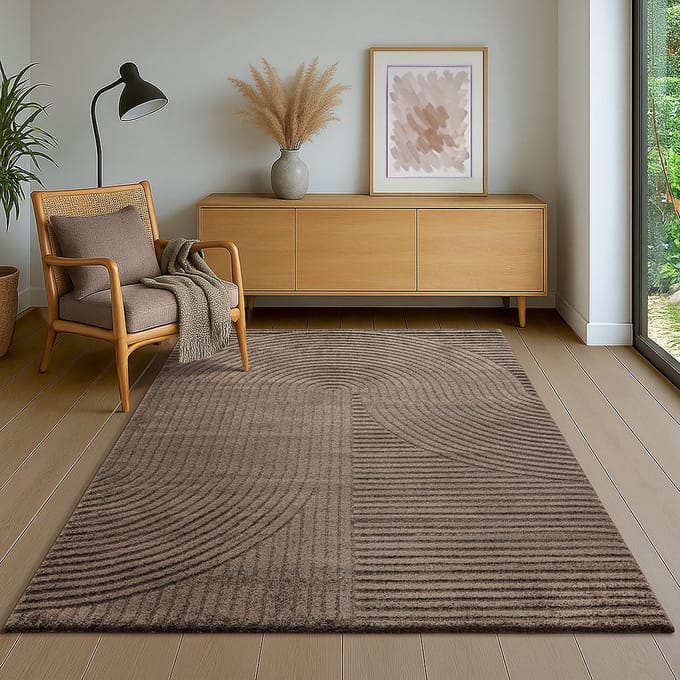 Vloerkleed Elio Japandi – Modern Design met Halve Cirkels in Bruin-80 x 300 cm