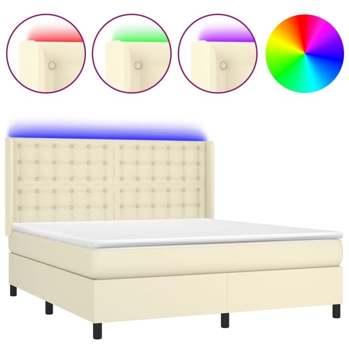 vidaXL - Boxspring - met - matras - en - LED - kunstleer - crèmekleurig - 180x200 - cm